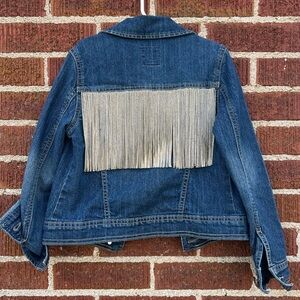 Kids Hand Embellished Rhinestone Fringe Denim Jean Jacker size Medium 7/8